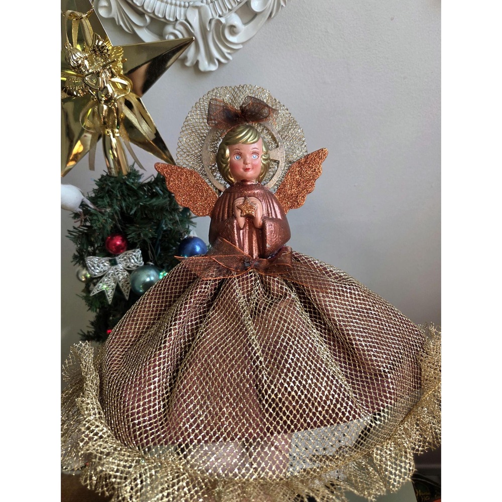 Vintage Style Christmas Angel Tree Topper Burgundy Gold Mesh Dress